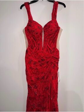 Red Sequin Prom Gown with Plunge Neckline - Women Dresses